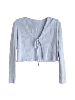 GARAGE Ribbed Baby Blue Open Cardigan with Front Ribbon Tie Closure
